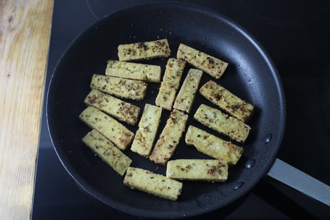 Crispy Steak-Spiced Tofu over Tomato & Garlic Chive Quinoa - Step #3 Sear the tofu