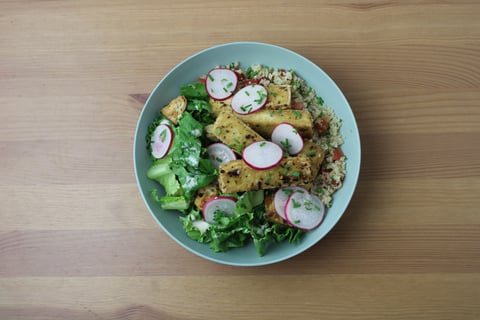 Crispy Steak-Spiced Tofu over Tomato & Garlic Chive Quinoa - Step #5 Finish & serve