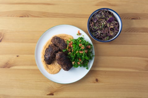 Beef Kefta over Roasted Pepper Hummus - Step #4 Make the roasted pepper hummus & serve