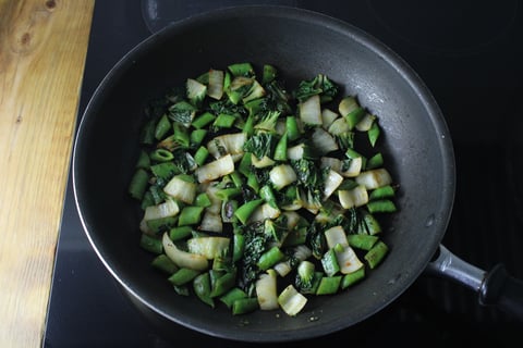 Shrimp & Peanut Quinoa Bowls - Step #3 Cook the bok choy & string peas