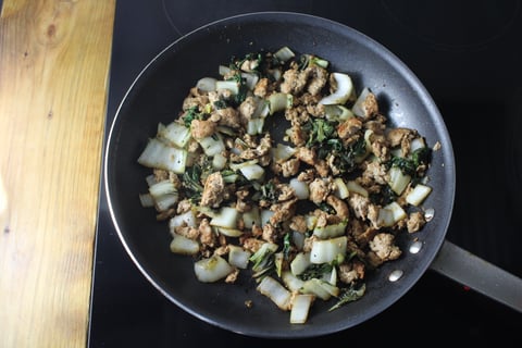 Ginger-Sesame Ground Pork Bibimbap - Step #3 Cook the pork & bok choy