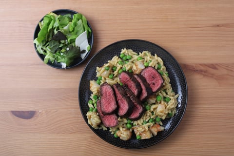 L’Artisan: Seared Filets Mignons over Shrimp & Pea Orzotto - Step #6 Finish the orzotto & serve