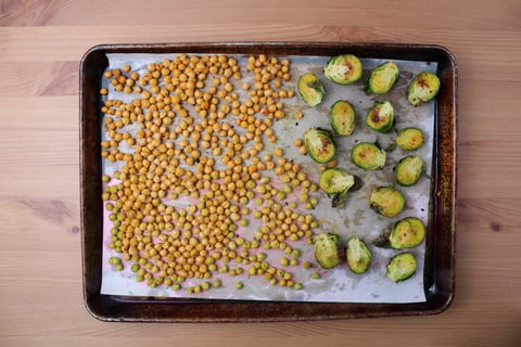 Winter Kale, Egg & Roasted Chickpea Salad - Step #1 Roast the chickpeas & Brussels sprouts