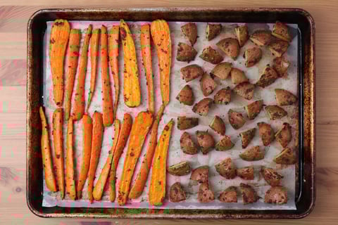 Ground Beef Hachis Parmentier - Step #1 Roast the potatoes & carrots
