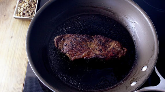 L’Artisan: Strip Loin Steak & Charred Scallion-Walnut Salsa - Step #3 Toast the walnuts & cook the steak