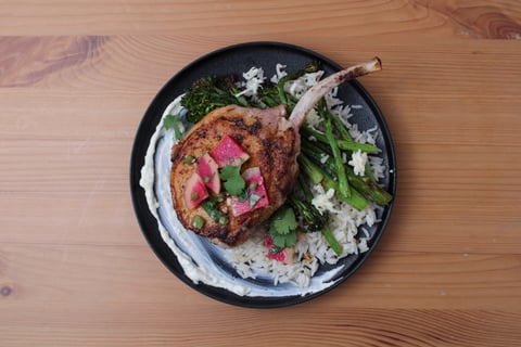 Nagano Pork Chops with Spicy Watermelon Radish Salsa - Step #6 Plate your dish