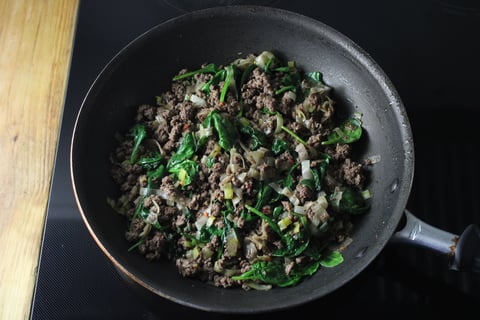 Spiced Beef, Leek & Labneh Flatbreads - Step #1 Cook the beef & wilt the spinach