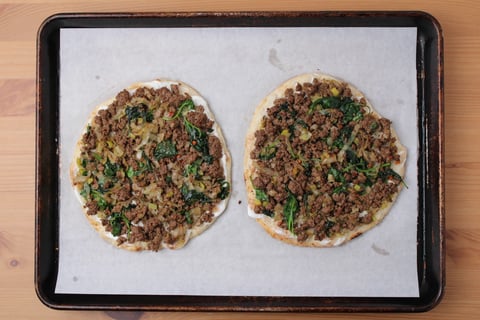 Spiced Beef, Leek & Labneh Flatbreads - Step #2 Assemble & bake the flatbreads