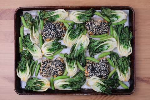 Sesame-Crusted Chicken Sheet Pan - Step #4 Roast the vegetables & finish the chicken