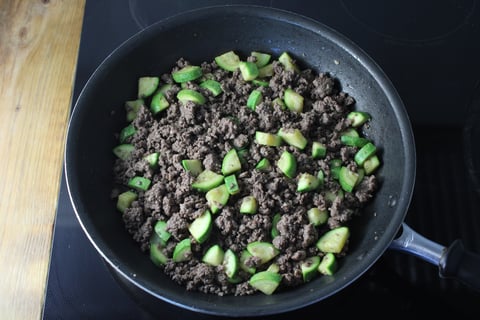Quick Cheesy Ground Beef & Zucchini Naan Pizzas - Step #2 Coat the beef & zucchini