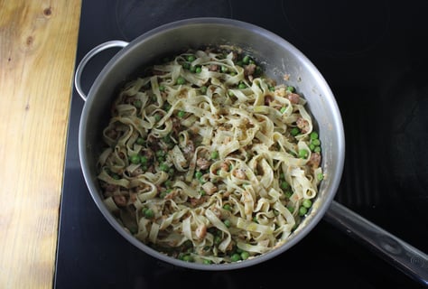 10-Minute Fresh Tagliolini with Pancetta & Peas - Step #5 Combine the pasta