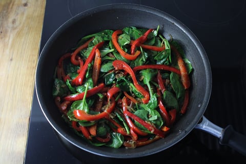 Sautéed Sweet Pepper, Greens & Roasted Garlic Naan Pizzas - Step #4 Cook the vegetables