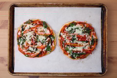 Sautéed Sweet Pepper, Greens & Roasted Garlic Naan Pizzas - Step #5 Assemble & bake the pizzas