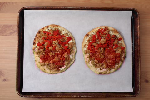 Protein Swap | Ground Beef, Ricotta & Roasted Pepper Naan Pizzas - Step #3 Assemble & bake the pizzas