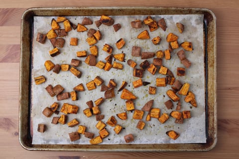 Quinoa Buddha Bowls with Herbed Yogurt Dressing - Step #1 Roast the sweet potatoes