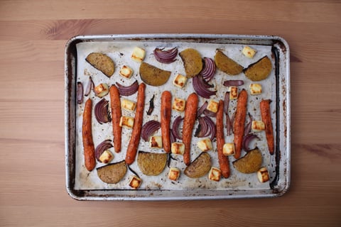 Tray-Baked Halloumi & Beet Salad - Step #4 Finish the vegetables & broil the halloumi