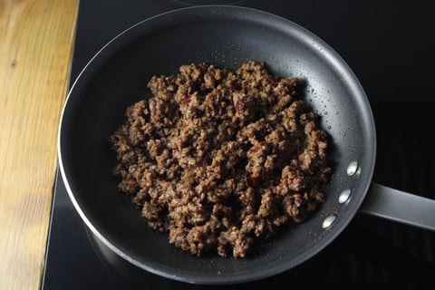 Spicy Impossible™ Beef Al Pastor Bowls - Step #4 Cook & coat the crumbled patties