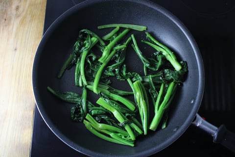 Calorie-Wise: Spicy Buldak Fire Chicken - Step #2 Sauté the yu choy