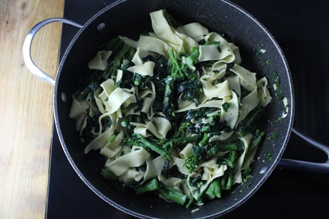 Garlic Tiger Shrimp over Fresh Pappardelle - Step #5 Sauté the kale & combine the pasta