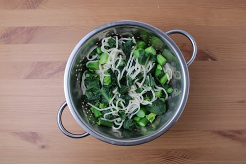 Umami Bomb Beef Noodle Bowls - Step #1 Boil the noodles & gai lan