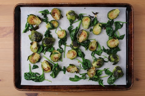 Indian-Spiced Pork Meatballs - Step #1 Roast the Brussels sprouts & spinach
