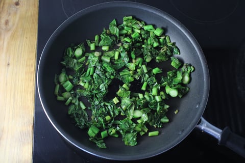 Hot Kimchi & Asian Green Topped Sweet Potatoes - Step #3 Sauté the gai lan