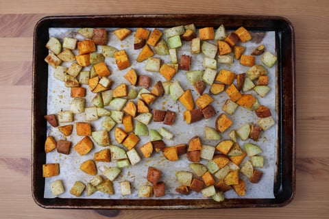 Sweet & Sticky Jerk Pork Chop Traybake - Step #2 Start the vegetables