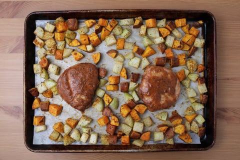 Sweet & Sticky Jerk Pork Chop Traybake - Step #4 Roast the pork & finish the vegetables