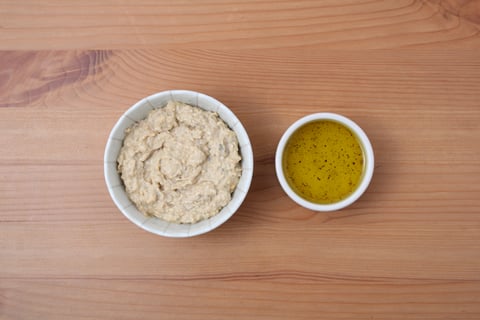 Lemony Roasted Pepper & Sweet Potato Bulgur Bowls - Step #4 Make the dukkah hummus & vinaigrette