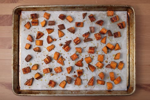Lemony Roasted Pepper & Sweet Potato Bulgur Bowls - Step #1 Roast the sweet potatoes