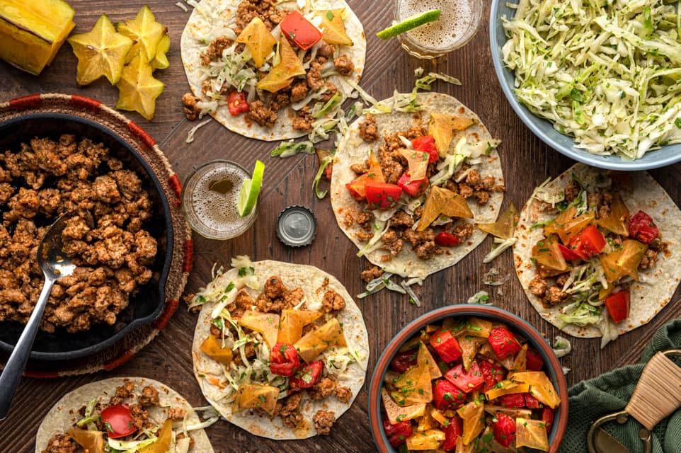 Ground pork tacoswith carambola tomato salsa - Extra large standard
