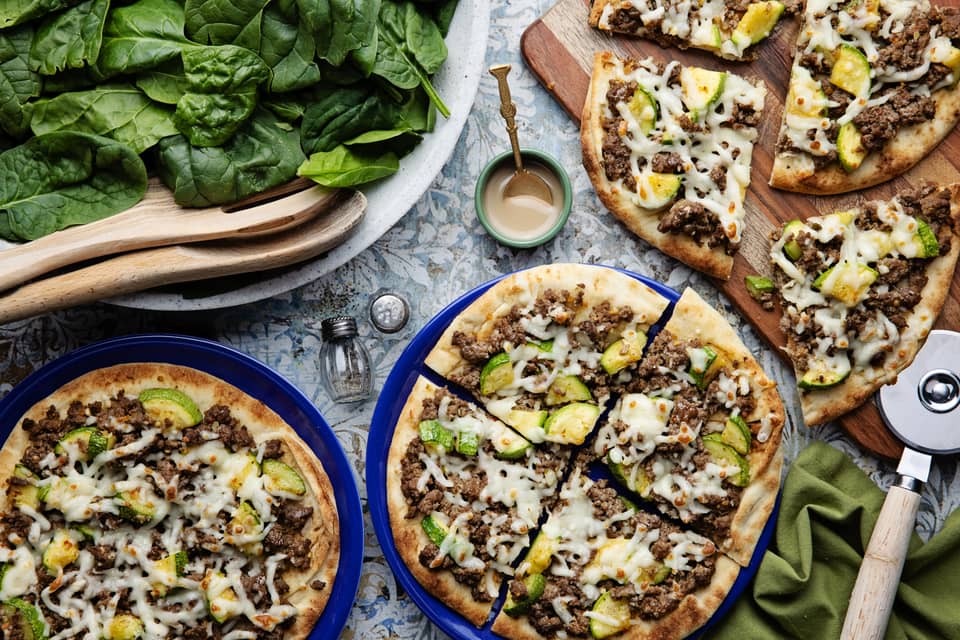 Quick cheesy ground beef zucchini naan pizzas - Extra large standard