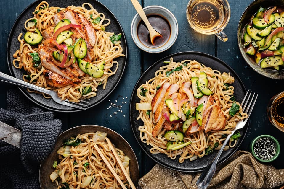 Sticky hoisin soy pork chopsover chow mein noodles - Extra large standard