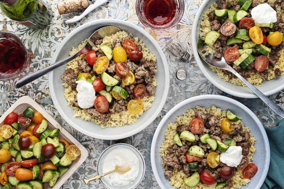 Quick Greek-Style Ground Pork Bulgur Bowls