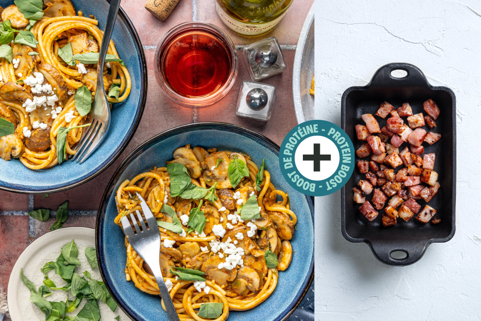 Protein Boost | 10-Minute Creamy Pancetta & Goat Cheese Spaghetti Marinara