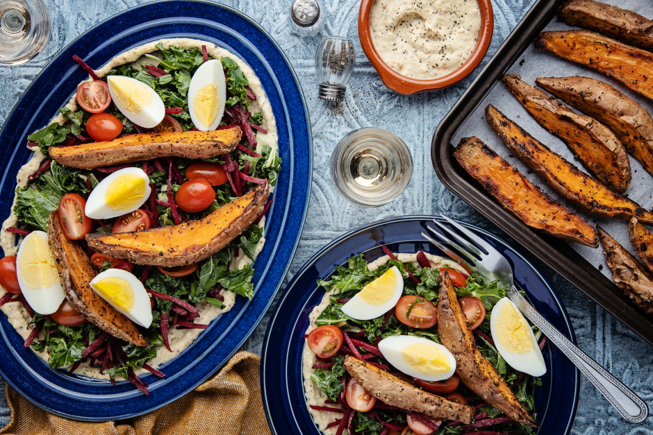 Sumac-Spiced Hummus, Egg & Roasted Sweet Potato Platter