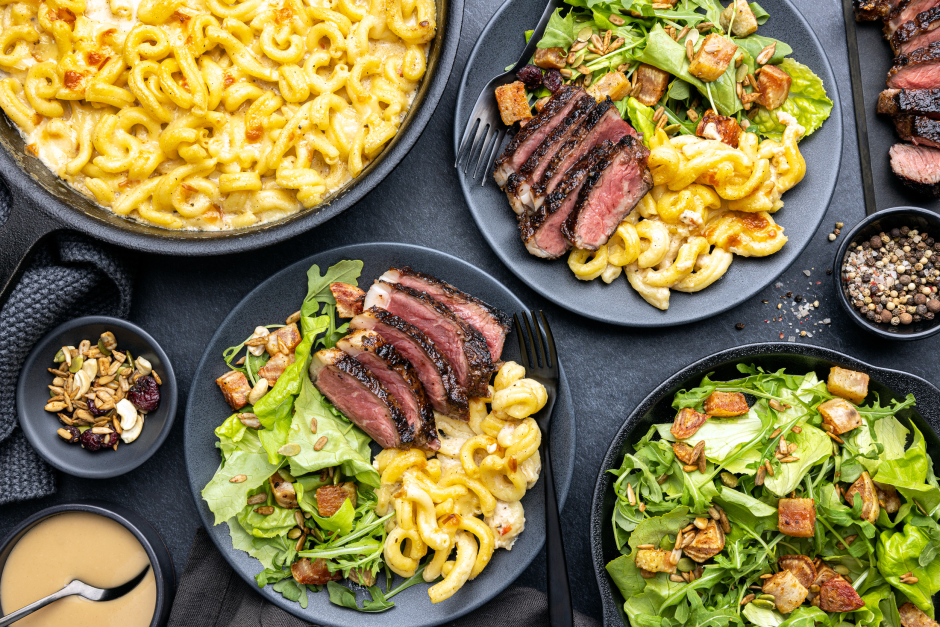 Grass-Fed AAA Strip Loin Steak with Smoked Cheddar Gemelli Skillet