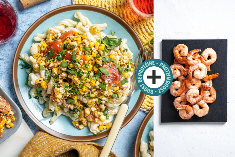 Boost de protéines | Salade de pâtes rapido style elote avec crevettes