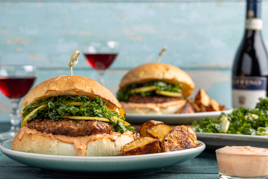 Ground Pork Burgers with Roasted Pepper Mayo