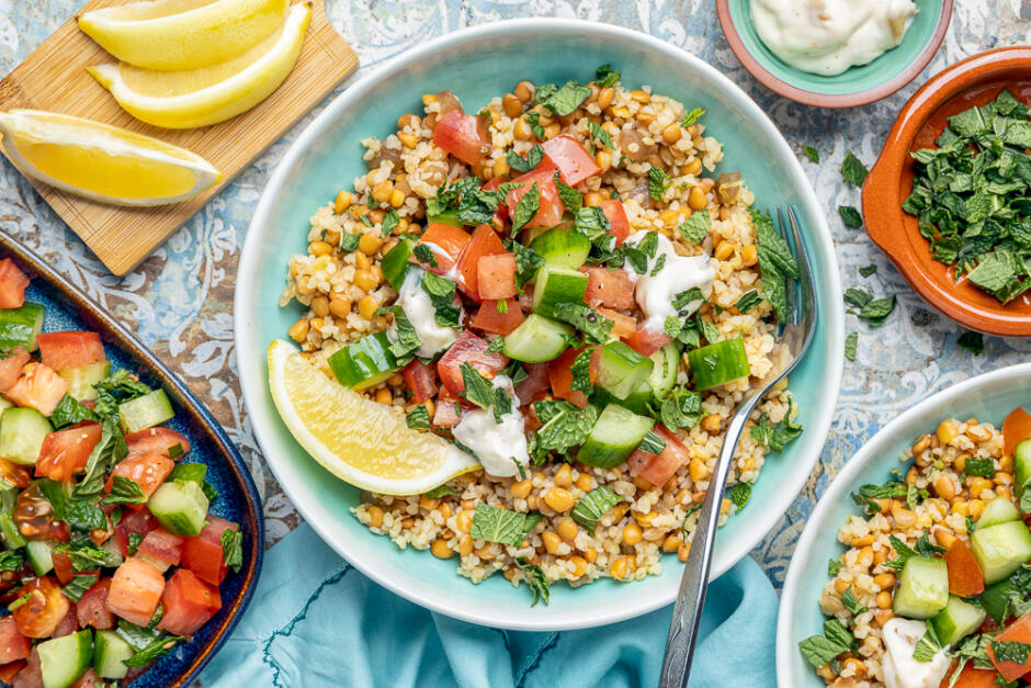 Quick Mujadara Lentil-Bulgur Bowls