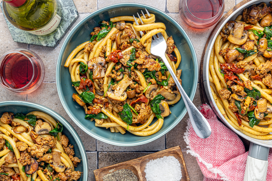 Ground Beef Bucatini Primavera
