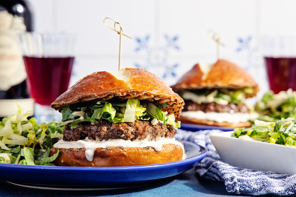 Grilled Beef Burgers with Caramelized Onion Aioli