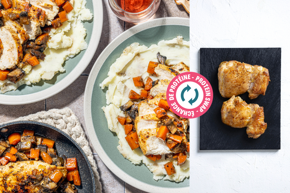 Échange de protéine | Cuisses de poulet chasseur en sauce
