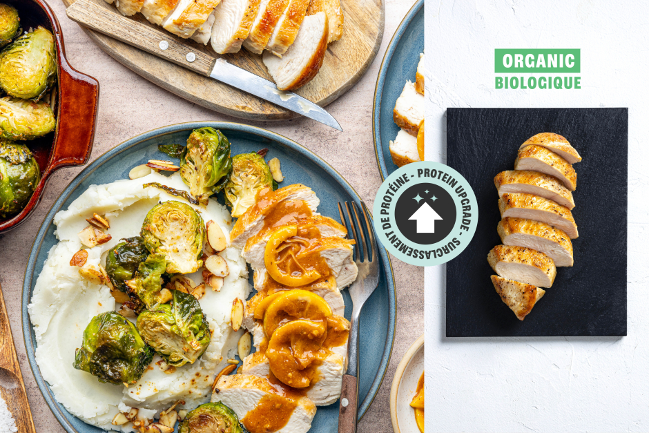 Surclassement de protéine | Poitrines de poulet BIO citronnées et choux de Bruxelles amandine