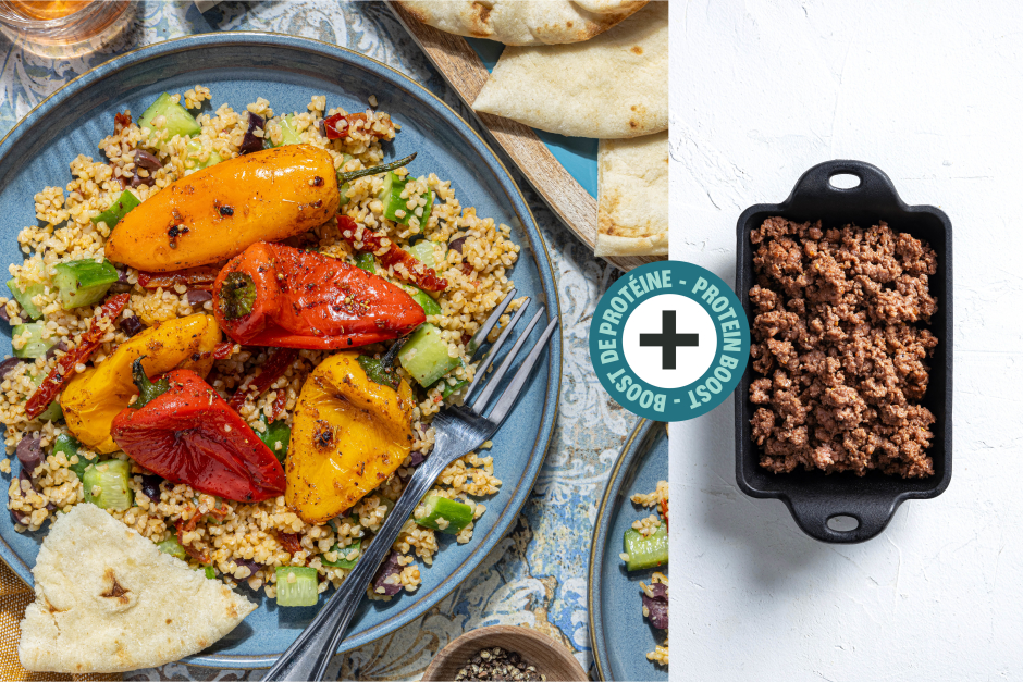 Boost de protéines | Assiette grecque avec bœuf et mini poivrons rôtis au miel