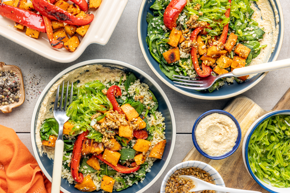 Vegan Roasted Pepper & Sweet Potato Bulgur Bowls