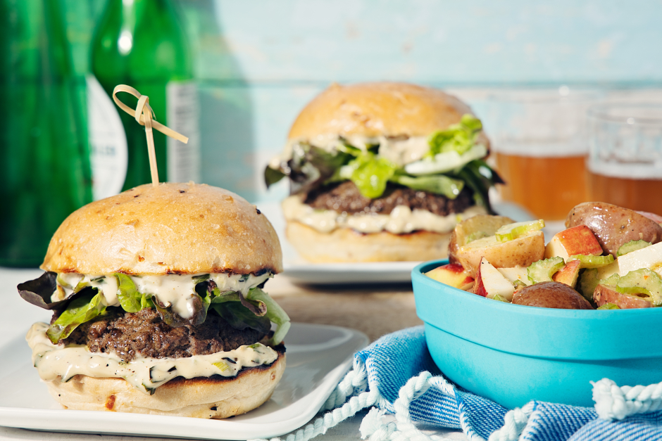 BBQ Pork Burgers with Grilled Scallion Mayo