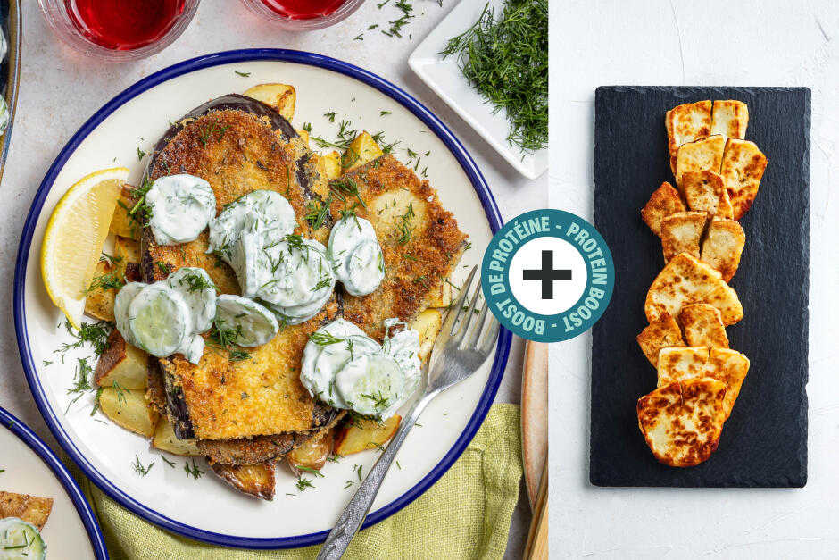 Boost de protéines | Schnitzels d'aubergine croustillants avec halloumi