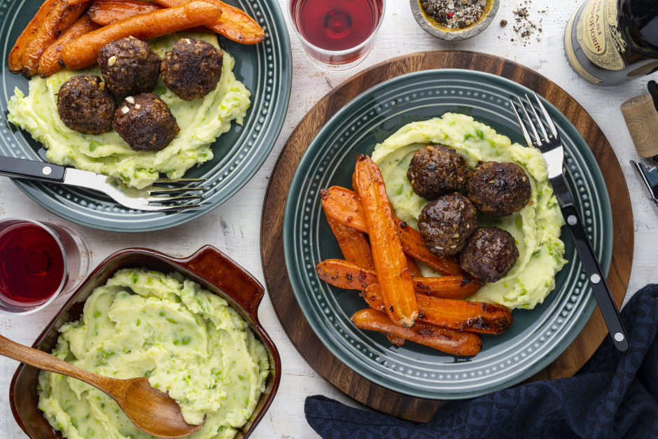 Roasted Beef Meatballs with Maple-Brown Butter Carrots