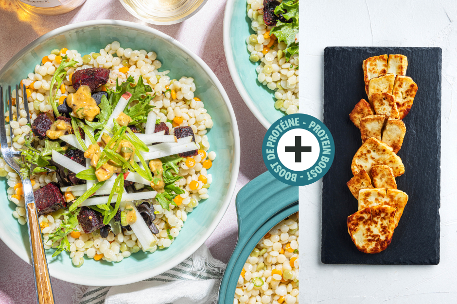 Boost de protéines | Bols estivaux d’halloumi, légumes et couscous perlé